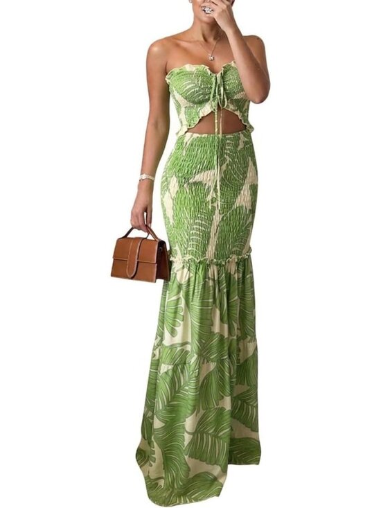 Dresses & Skirts - Floral Maxi Dress for Women - Halter Tie, Ruched Design, Perfect for Vacation